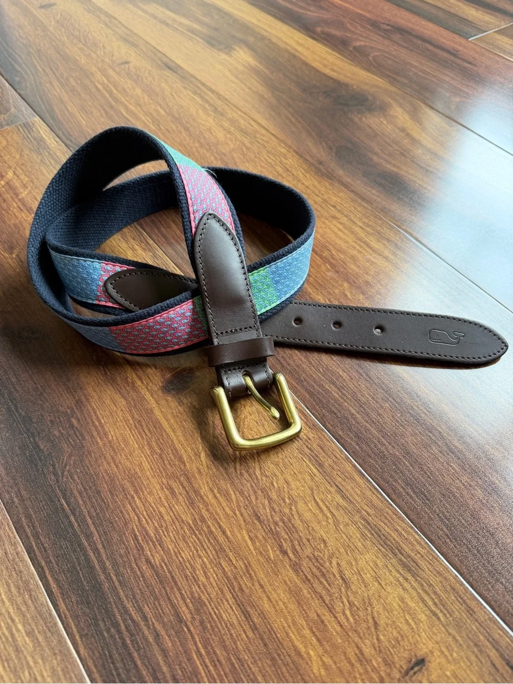 Vineyard Vines Whale Pastel Webbed Cotton Belt Leather and Brass Made in USA 38
